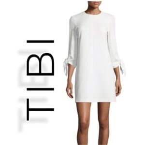 TIBI Ivory Crepe Tie Sleeve Shift Seersucker Dress White button size 2 worn once
